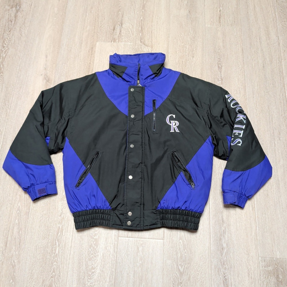Vintage 90s Purple Colorado Rockies MLB Puffer Jacket‎ Mens XL Black Colorblock